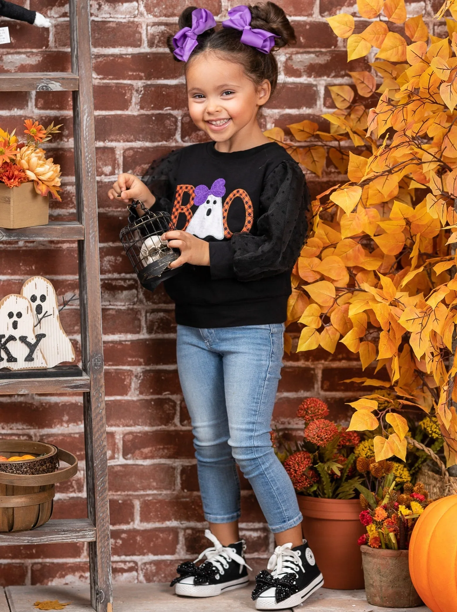 Polka Dot Boos Tulle Sleeve Sweater