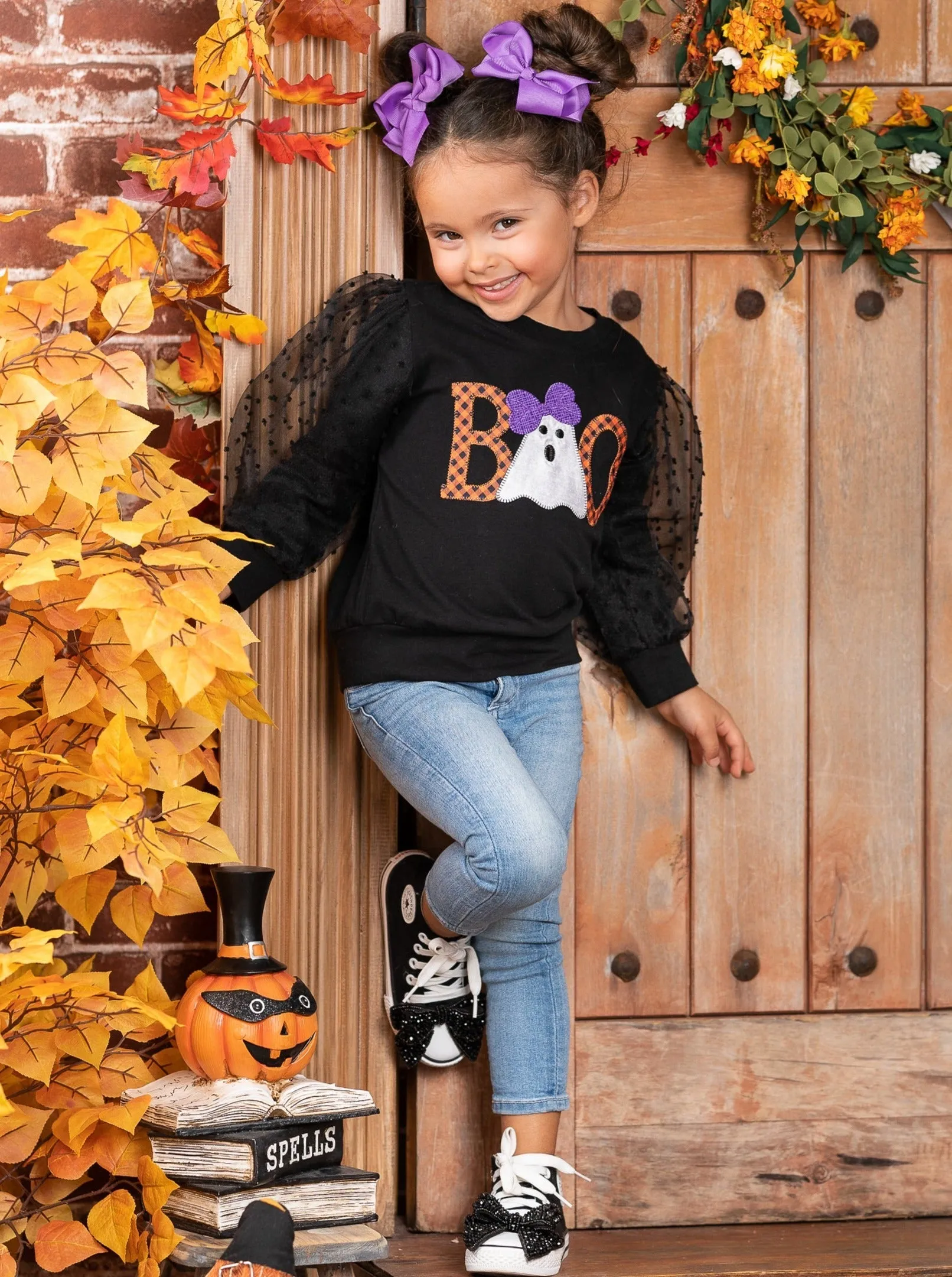 Polka Dot Boos Tulle Sleeve Sweater