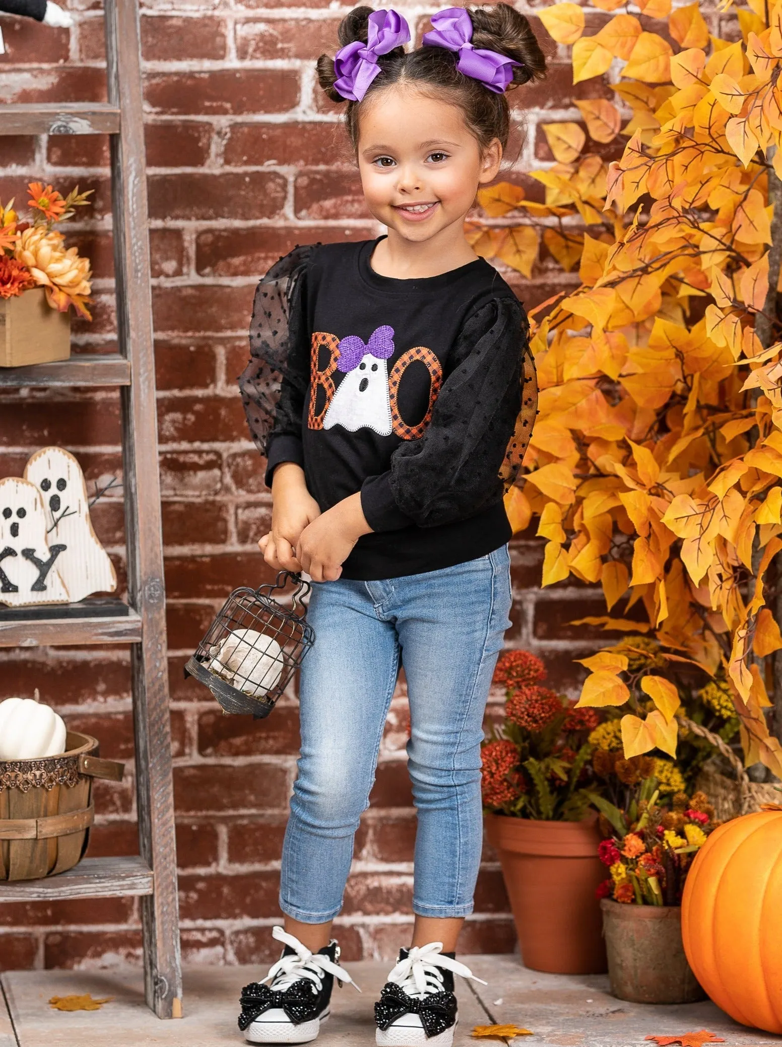 Polka Dot Boos Tulle Sleeve Sweater
