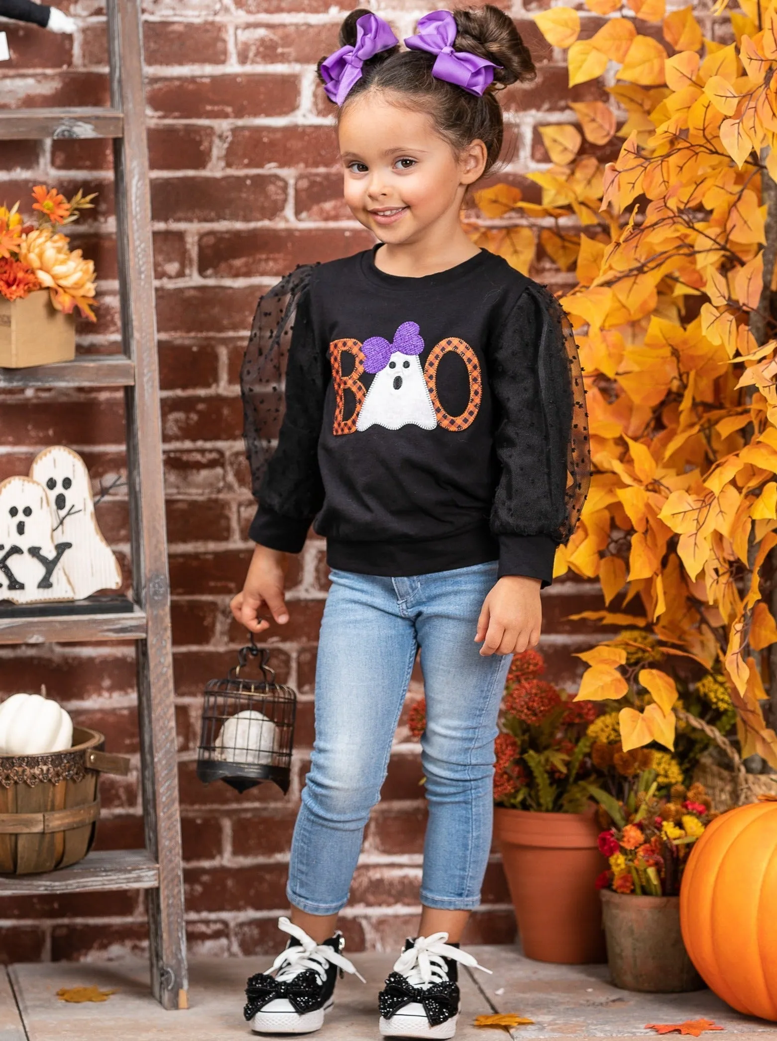 Polka Dot Boos Tulle Sleeve Sweater