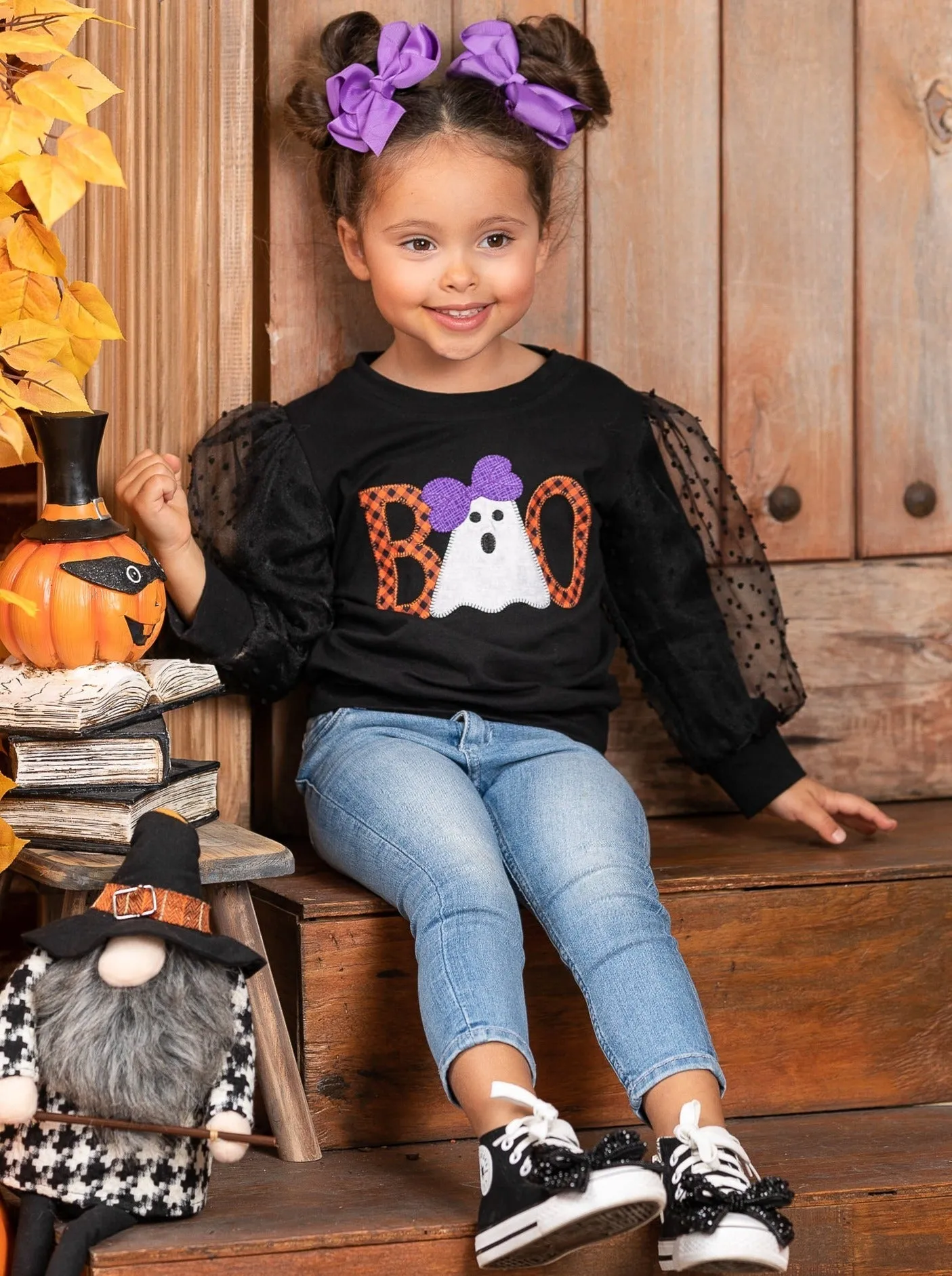 Polka Dot Boos Tulle Sleeve Sweater
