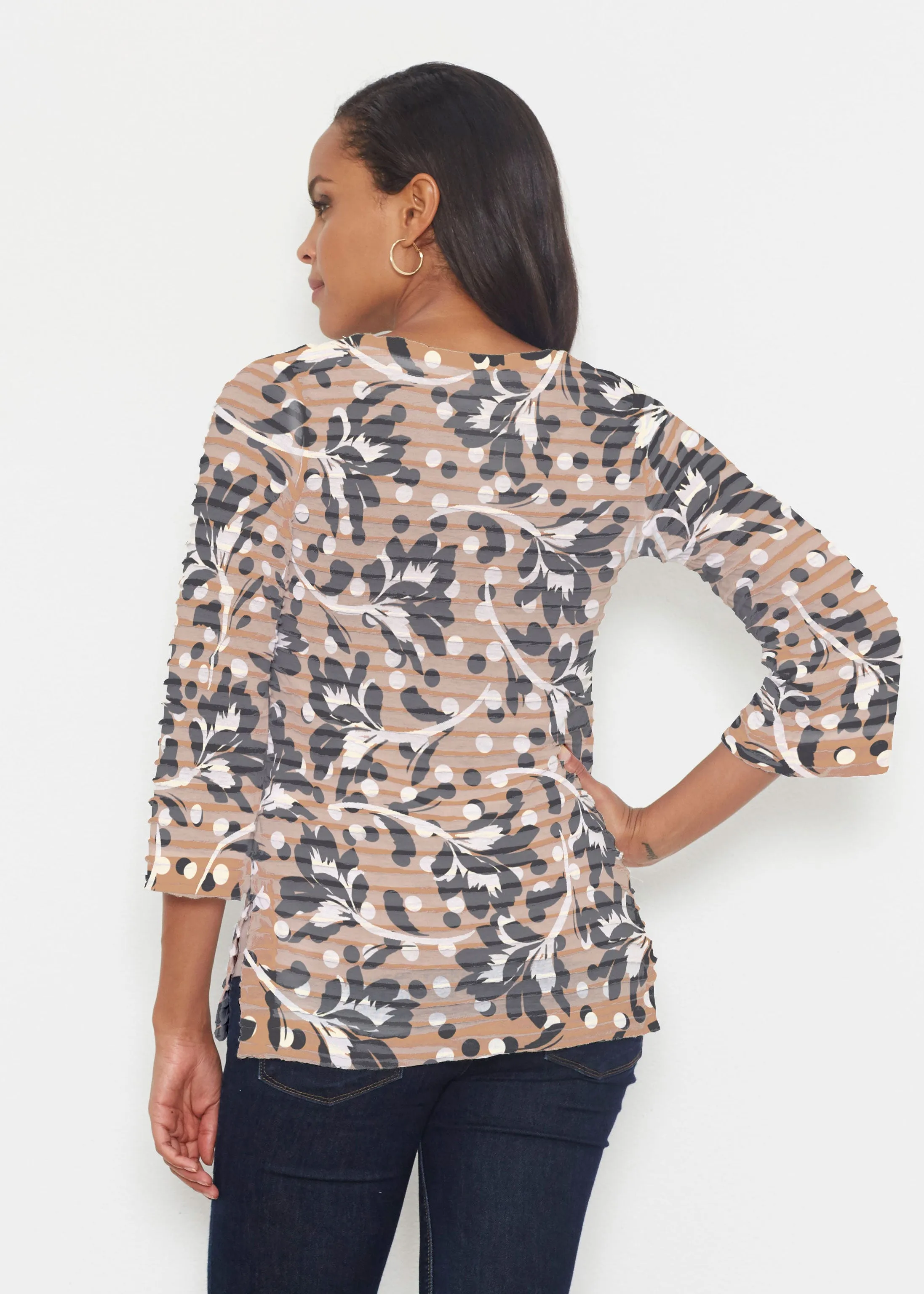 Polka Dot Floral (7875) ~ Banded 3/4 Bell-Sleeve V-Neck Tunic
