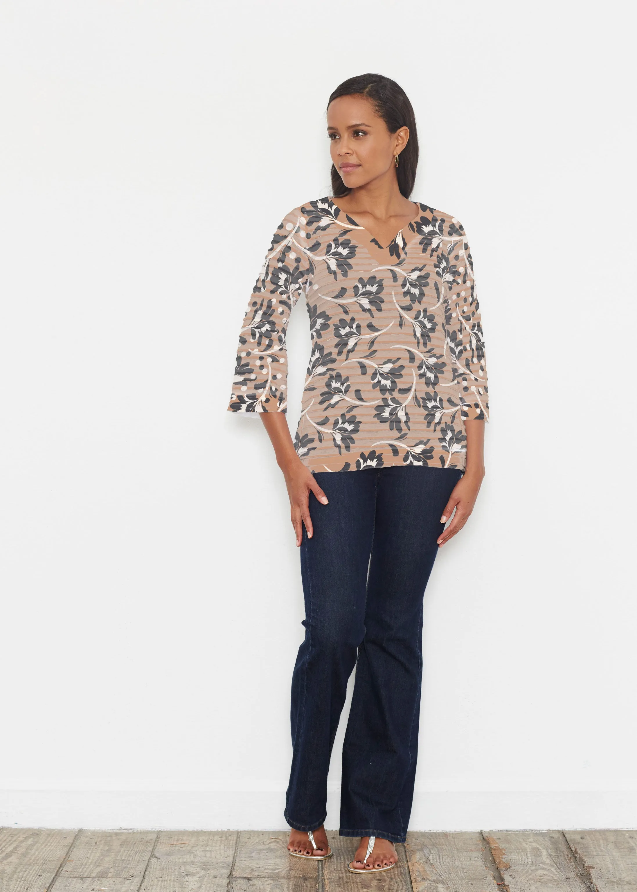 Polka Dot Floral (7875) ~ Banded 3/4 Bell-Sleeve V-Neck Tunic