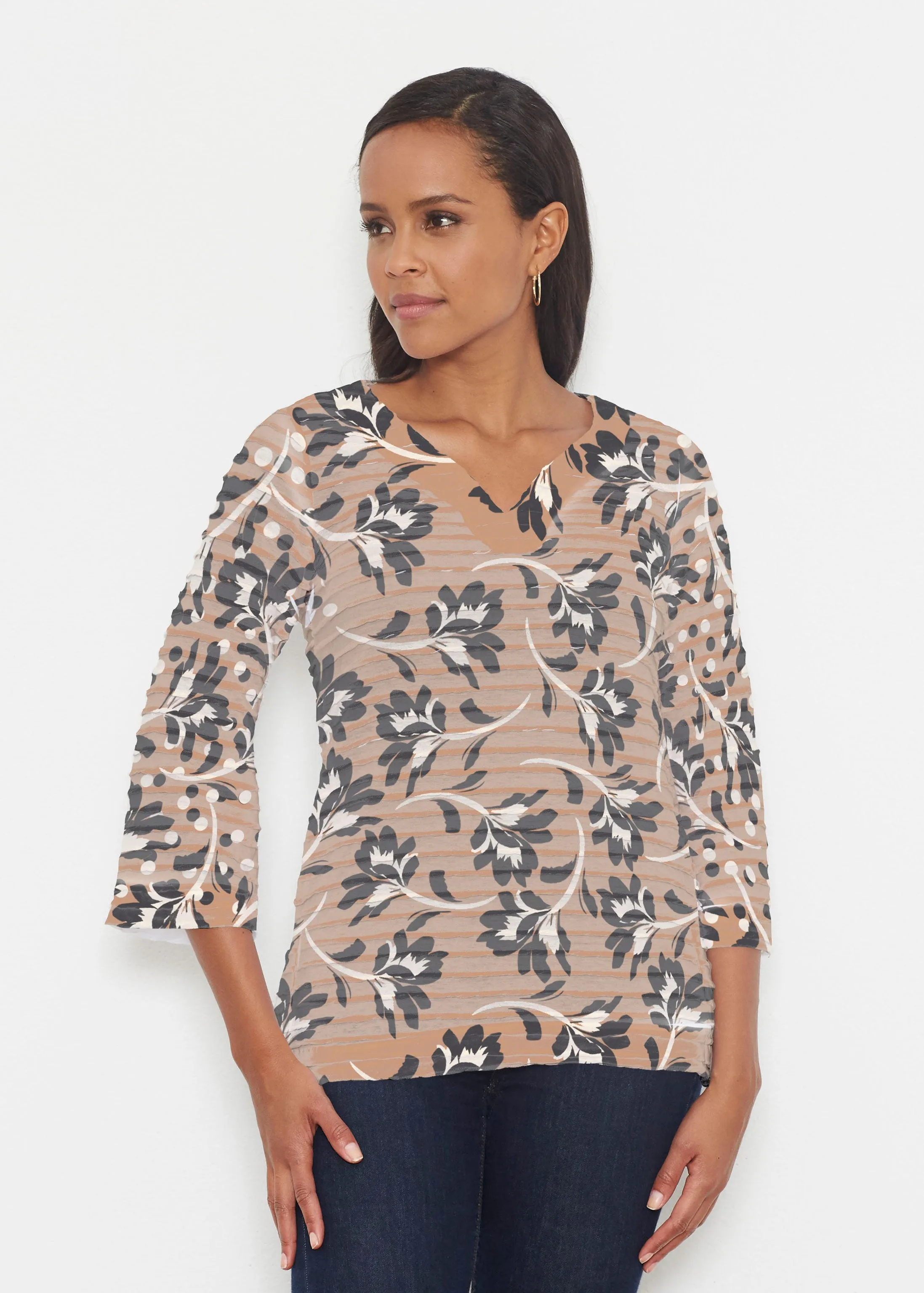 Polka Dot Floral (7875) ~ Banded 3/4 Bell-Sleeve V-Neck Tunic