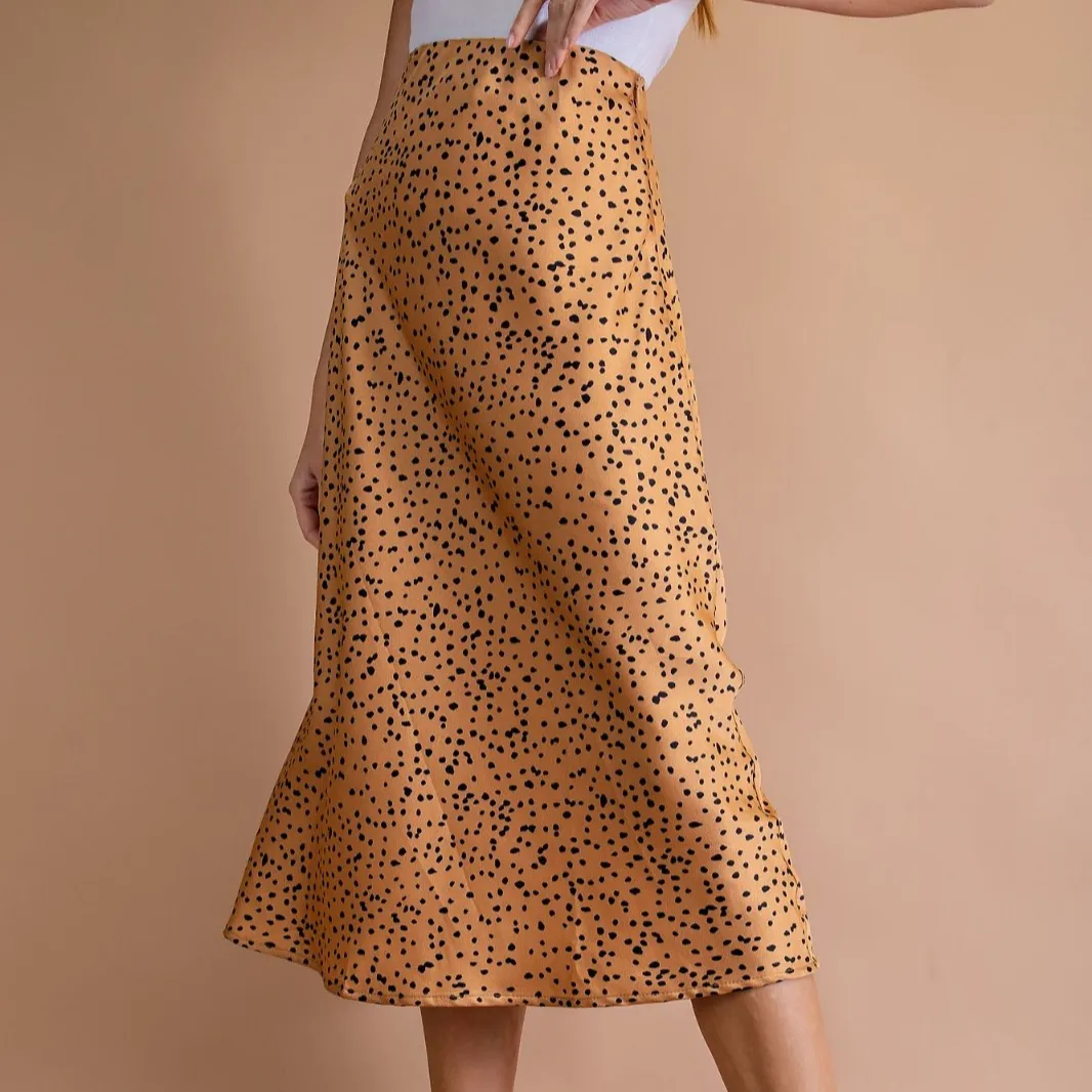 Polka Dot Print Satin Midi Skirt