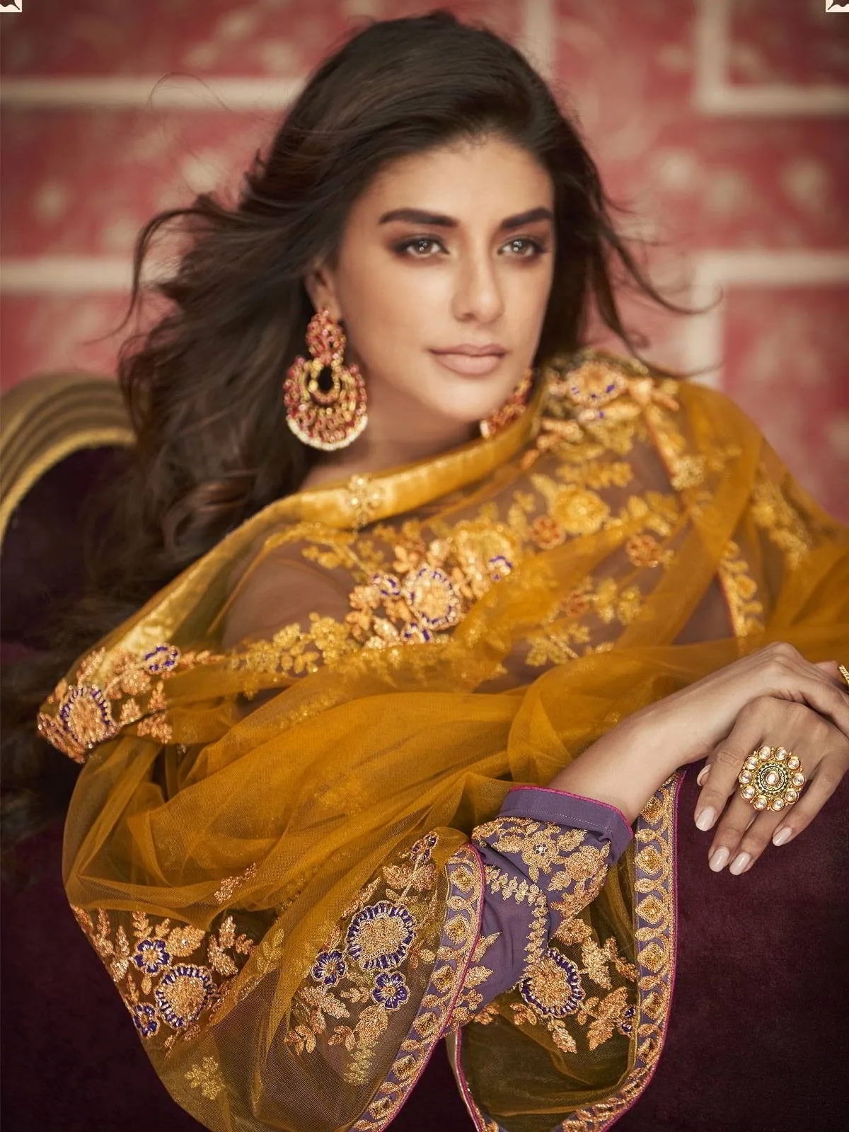 Purple And Yellow Zari Embroidered Traditional Anarkali Suit