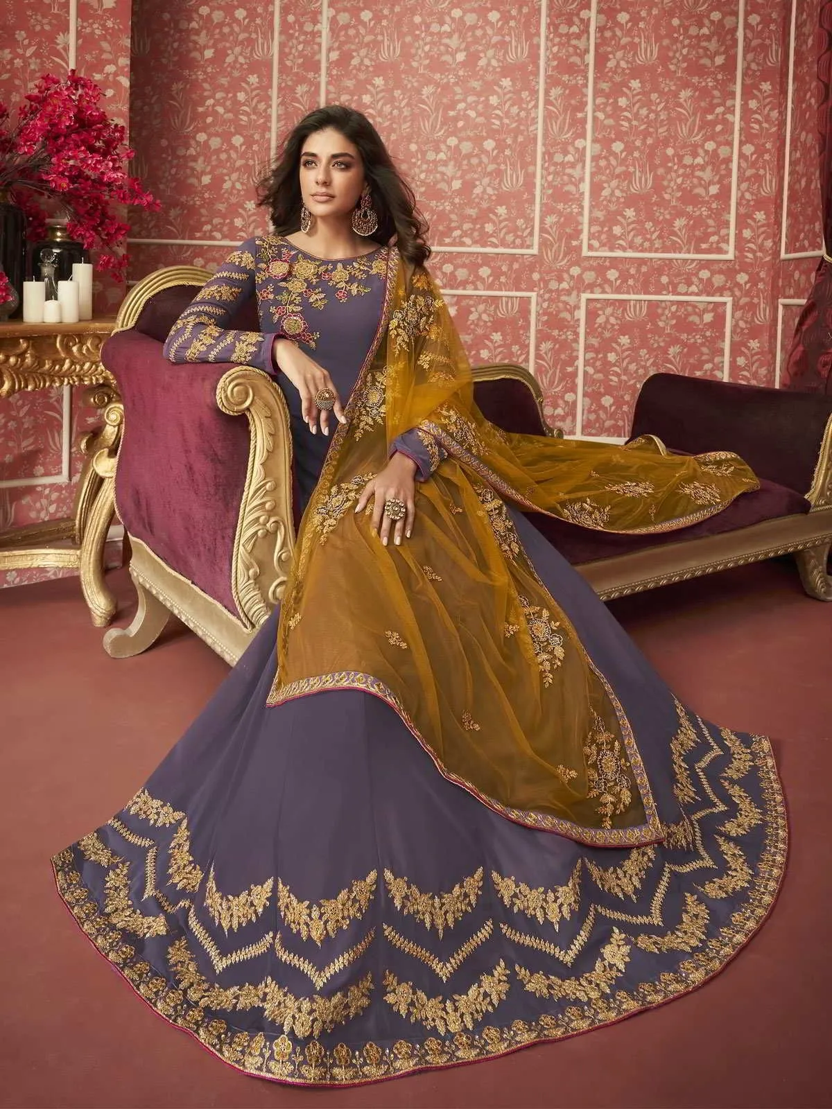 Purple And Yellow Zari Embroidered Traditional Anarkali Suit