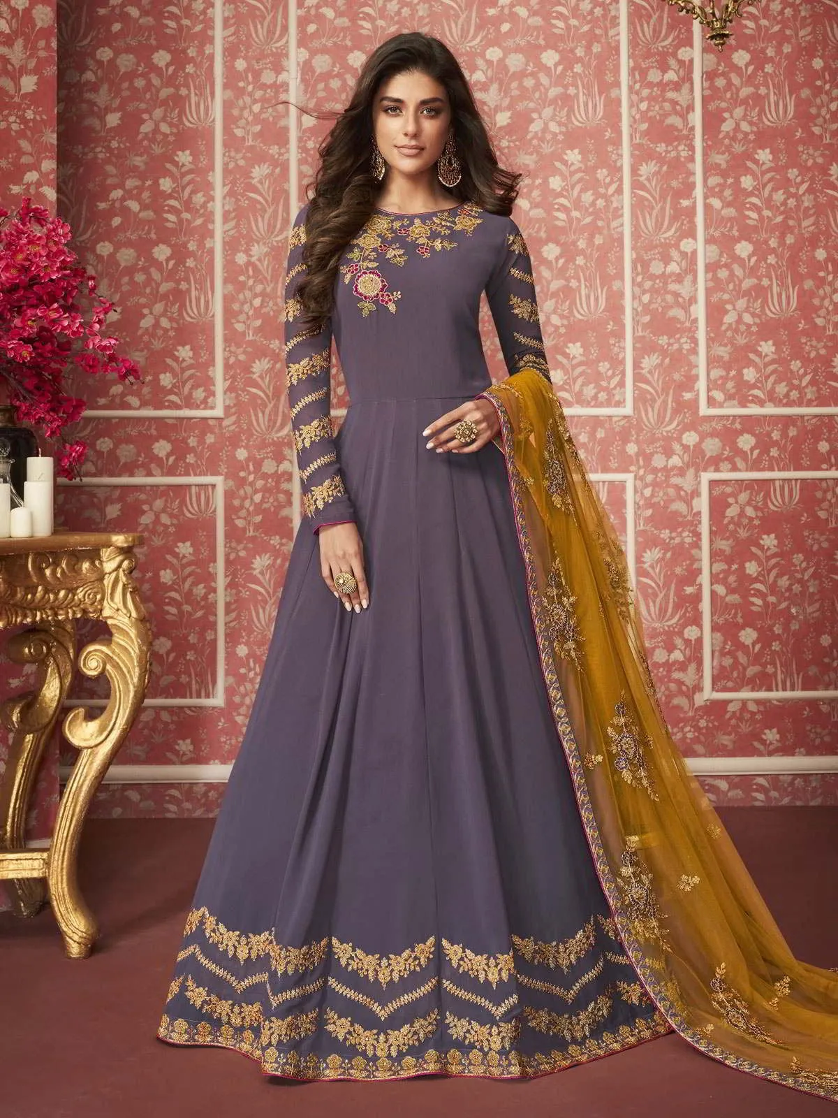 Purple And Yellow Zari Embroidered Traditional Anarkali Suit