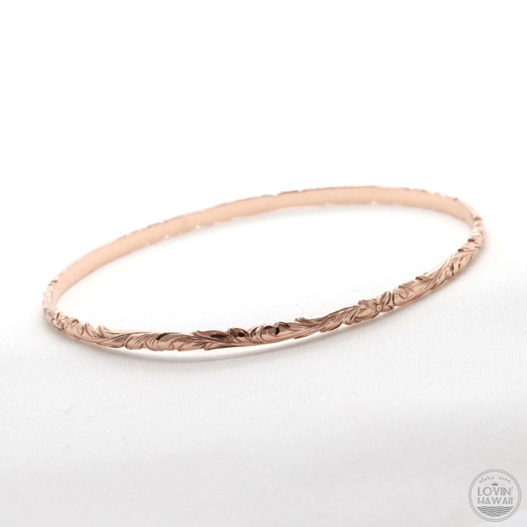 Rose Gold Bangle Bracelet, Hand Engraved Design (3mm width, Dome Style)
