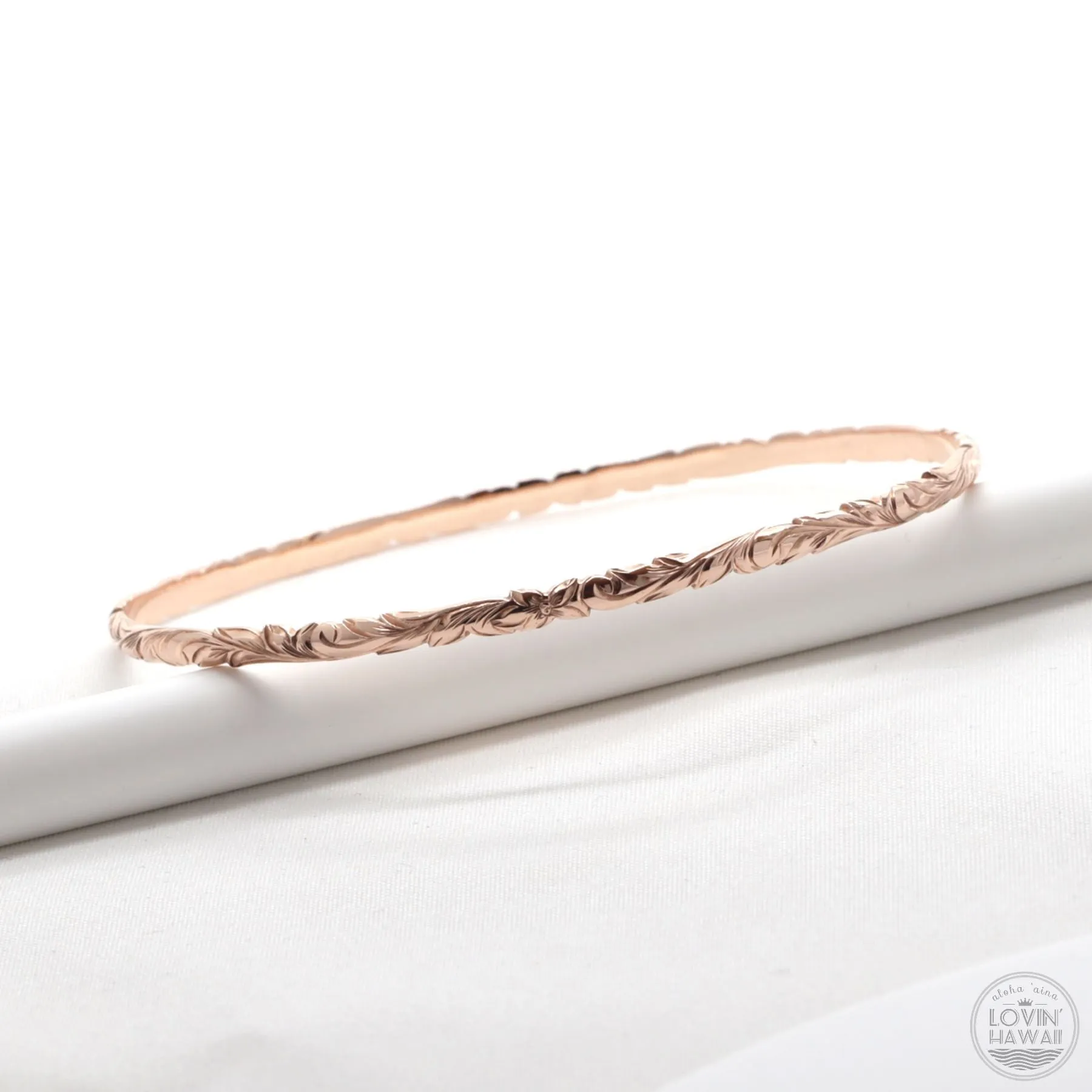 Rose Gold Bangle Bracelet, Hand Engraved Design (3mm width, Dome Style)