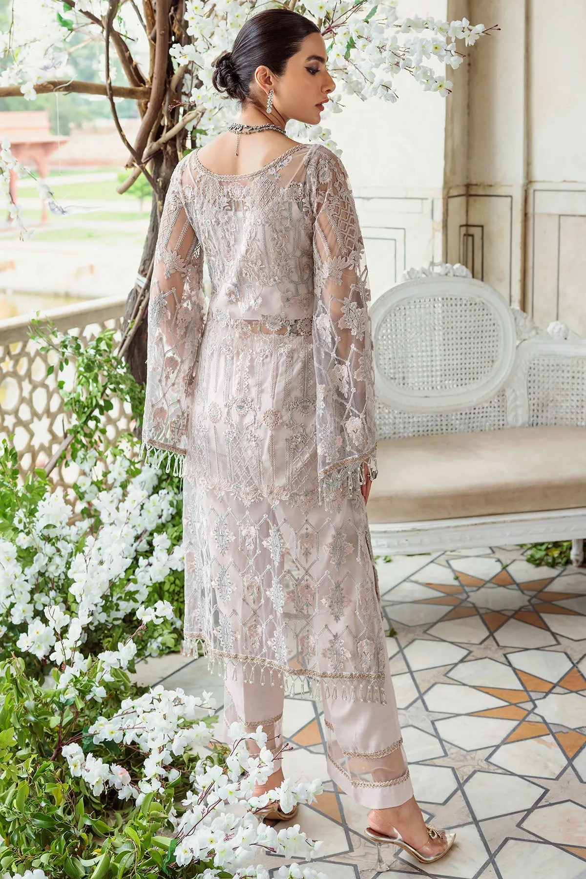 Rose Pink Embroidered Net Kameez in Capri Style Eid Dress
