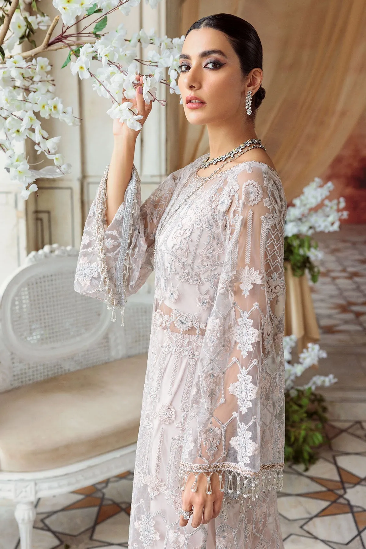 Rose Pink Embroidered Net Kameez in Capri Style Eid Dress