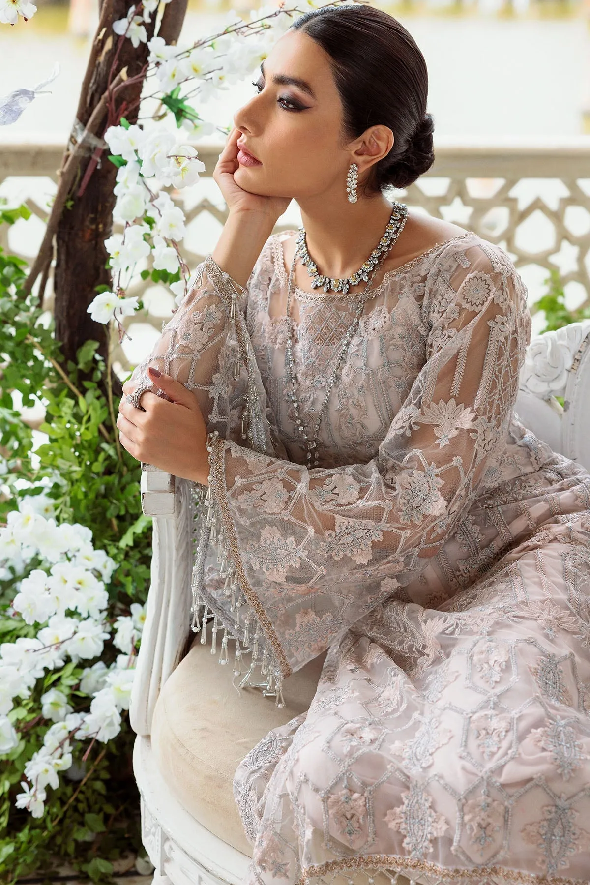 Rose Pink Embroidered Net Kameez in Capri Style Eid Dress
