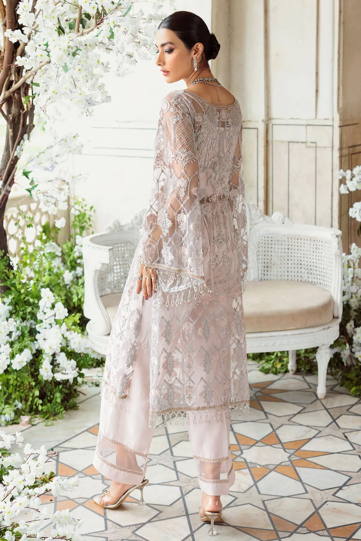 Rose Pink Embroidered Net Kameez in Capri Style Eid Dress
