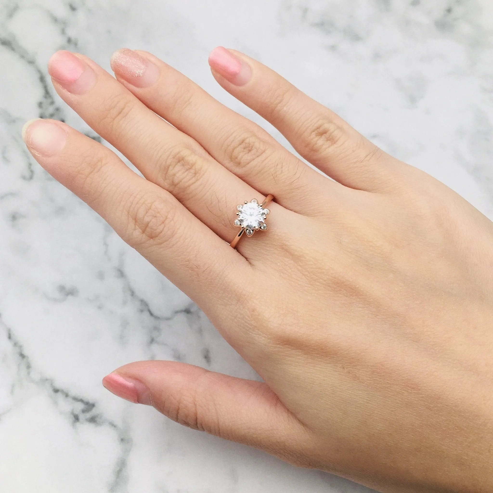Round Cut Diamond Unique Flower Engagement Ring