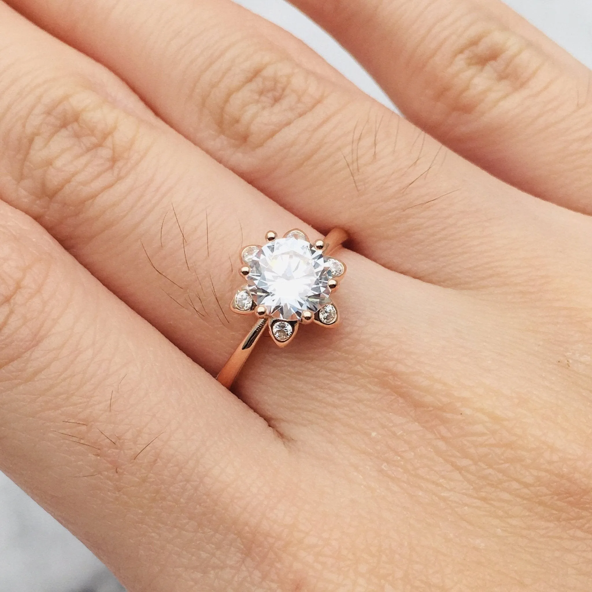 Round Cut Diamond Unique Flower Engagement Ring