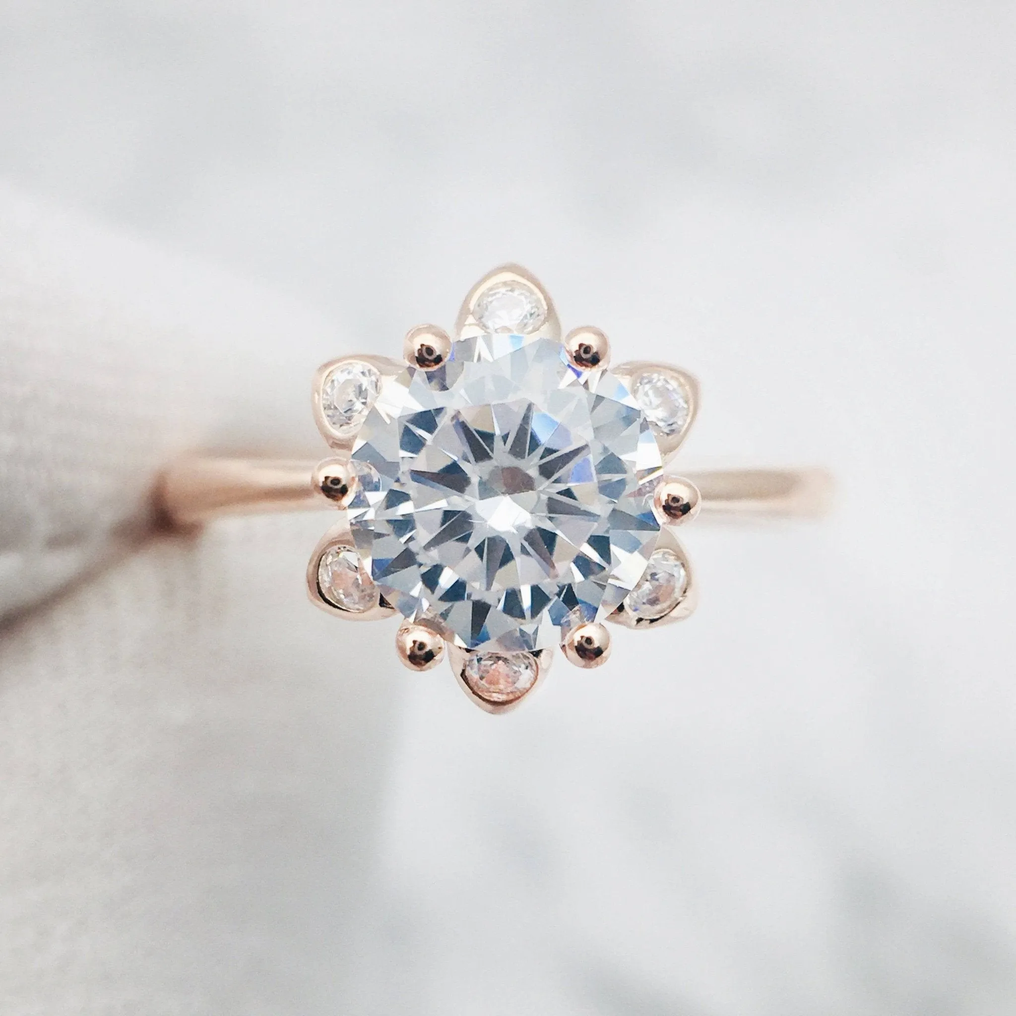 Round Cut Diamond Unique Flower Engagement Ring