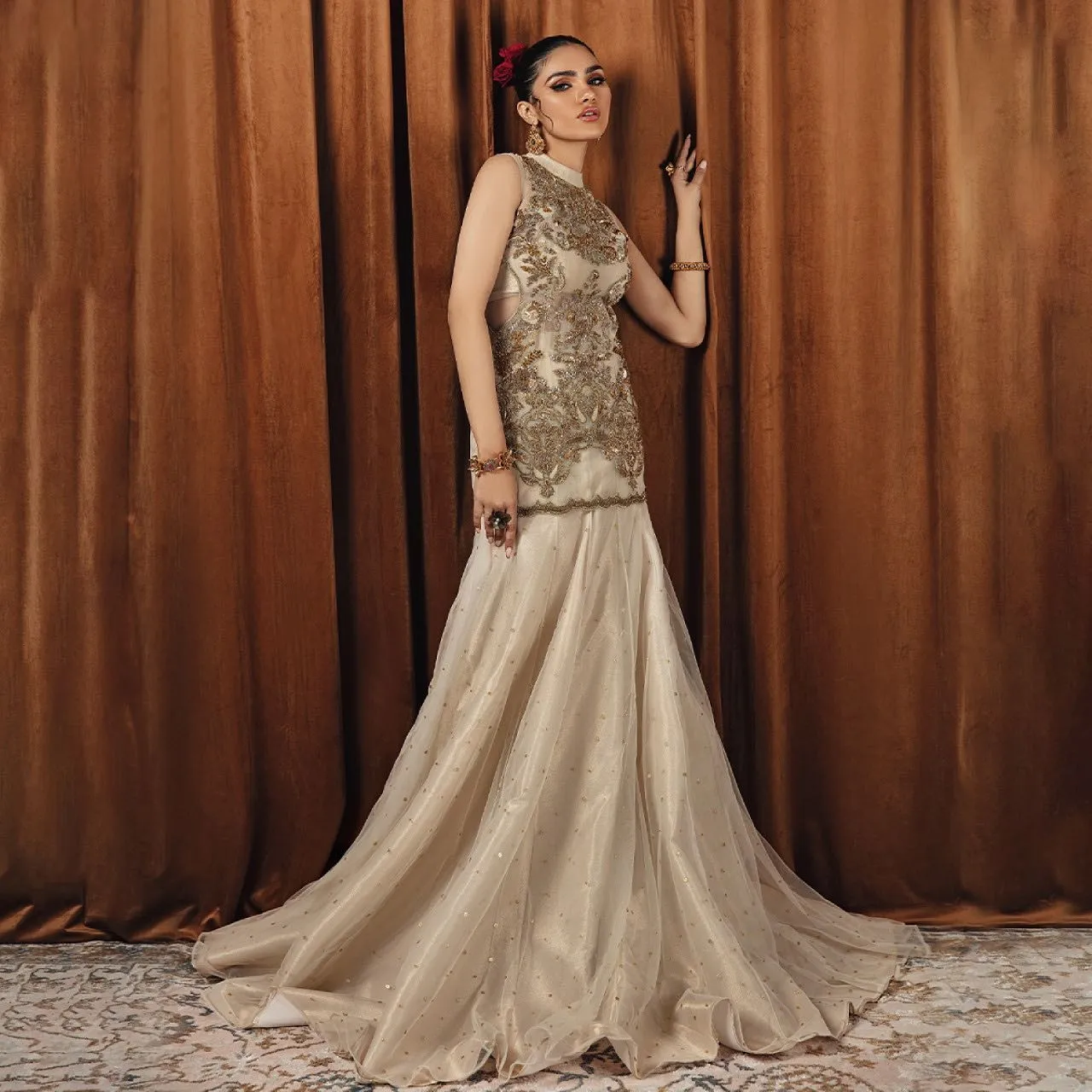 Royal Pakistani Bridal Dress in Shirt and Lehenga Style