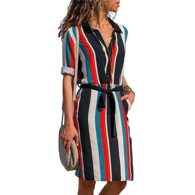 Shirt Dress - Bold Long Sleeve Striped Dress