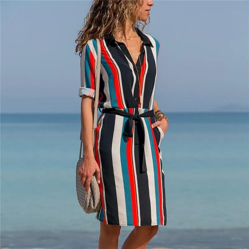 Shirt Dress - Bold Long Sleeve Striped Dress