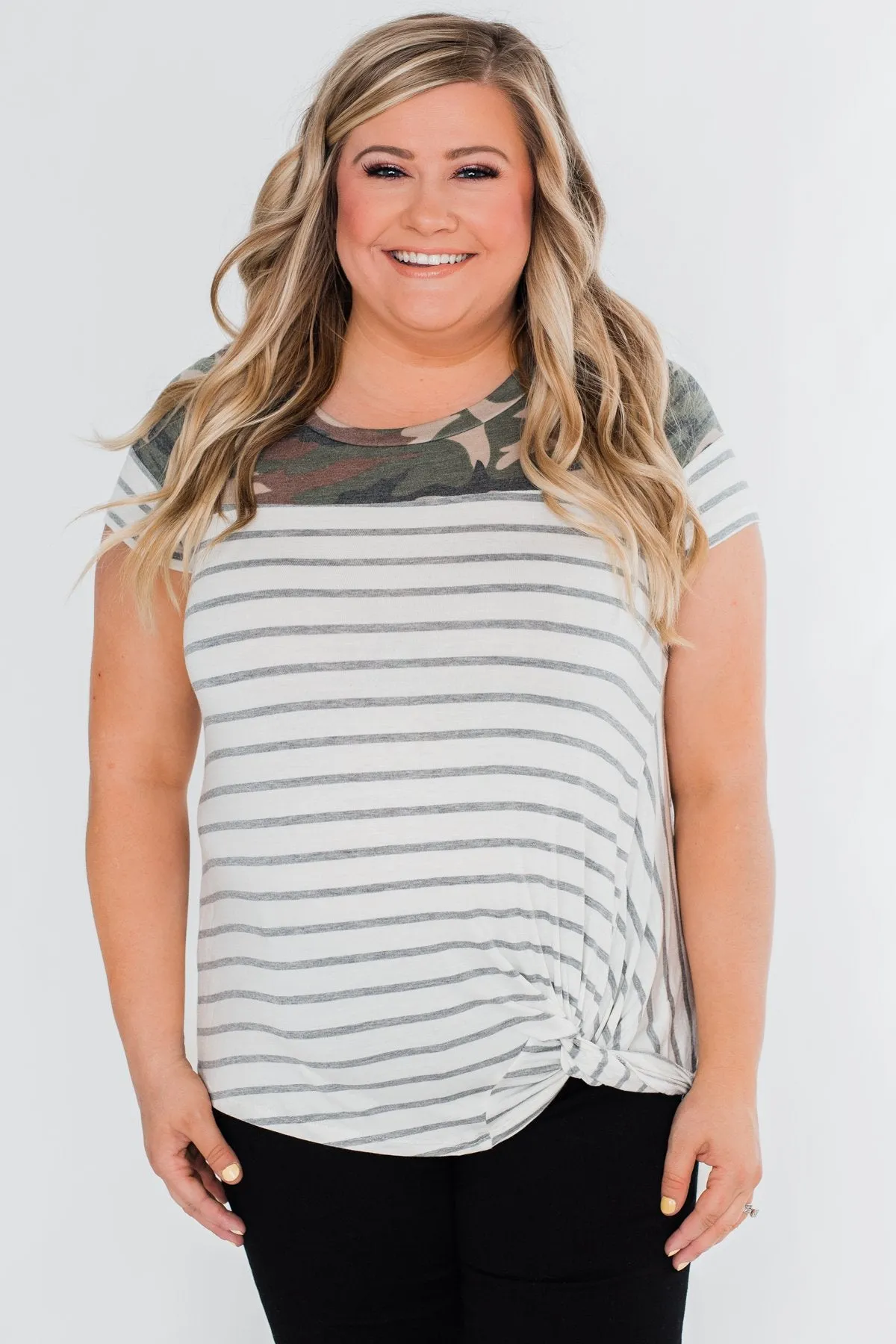 Short Sleeve Camo & Striped Knot Top- Ivory