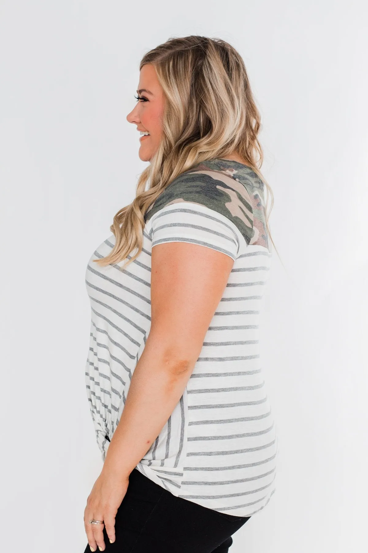Short Sleeve Camo & Striped Knot Top- Ivory