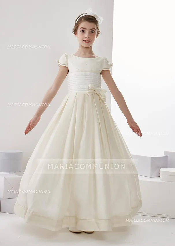 Short Sleeve Jewel Neck A-Line Organza Floor Length First Communion Dress With Bows