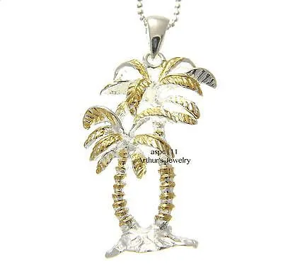 SILVER 925 HAWAIIAN TROPICAL DOUBLE PALM TREE PENDANT YELLOW GOLD PLATED 2 TONE
