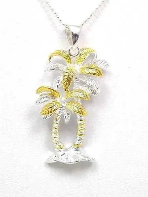 SILVER 925 HAWAIIAN TROPICAL DOUBLE PALM TREE PENDANT YELLOW GOLD PLATED 2 TONE