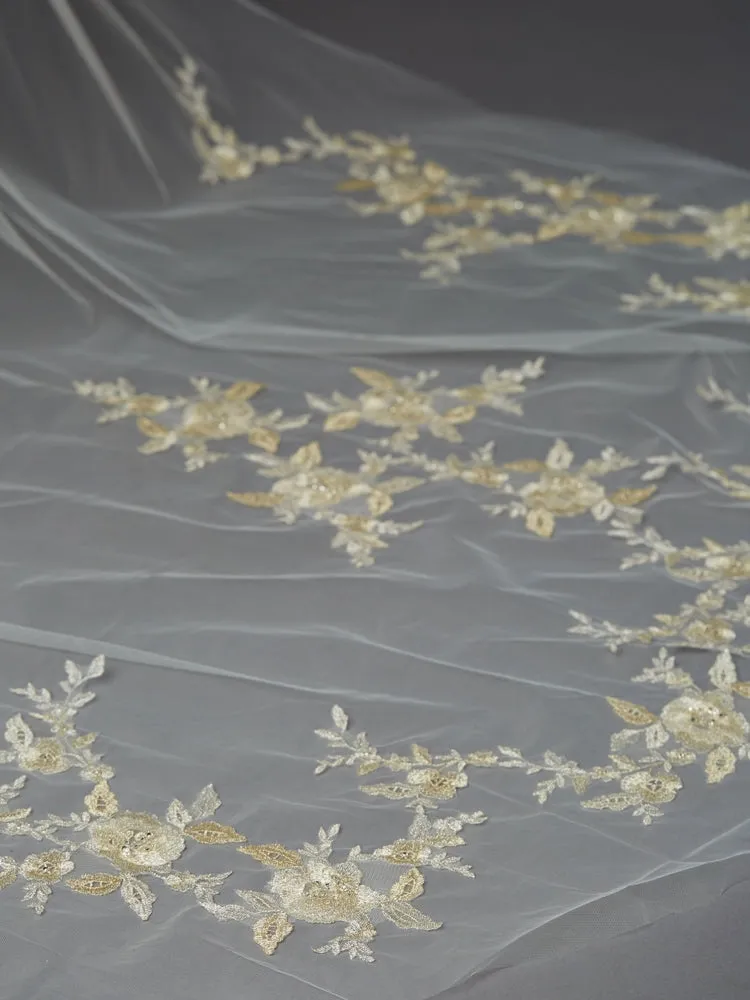 Silver and Gold Embroidered Floral Lace Cathedral Veil