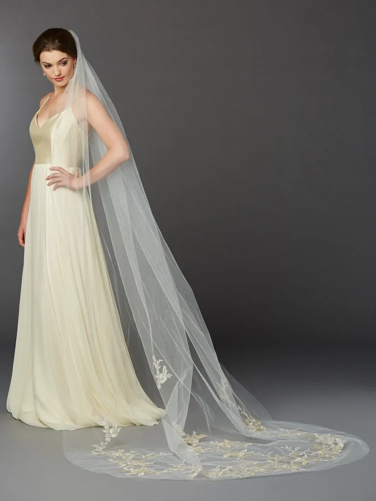 Silver and Gold Embroidered Floral Lace Cathedral Veil
