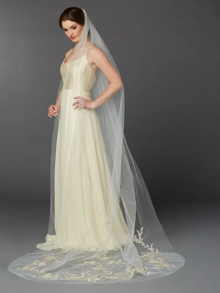 Silver and Gold Embroidered Floral Lace Cathedral Veil