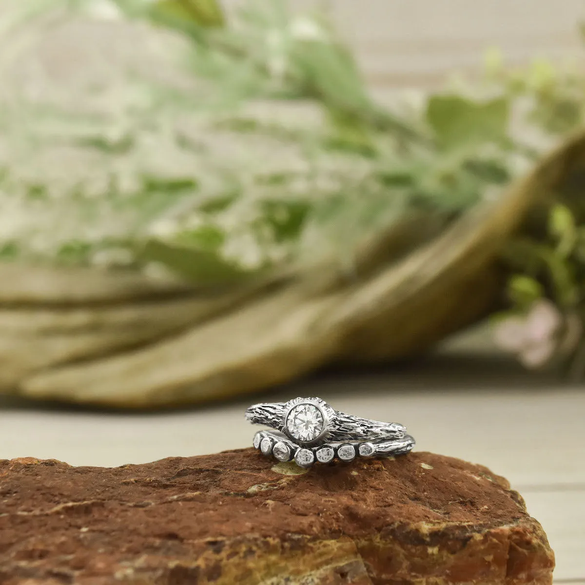 Silver Curved Pebble Twig Ring