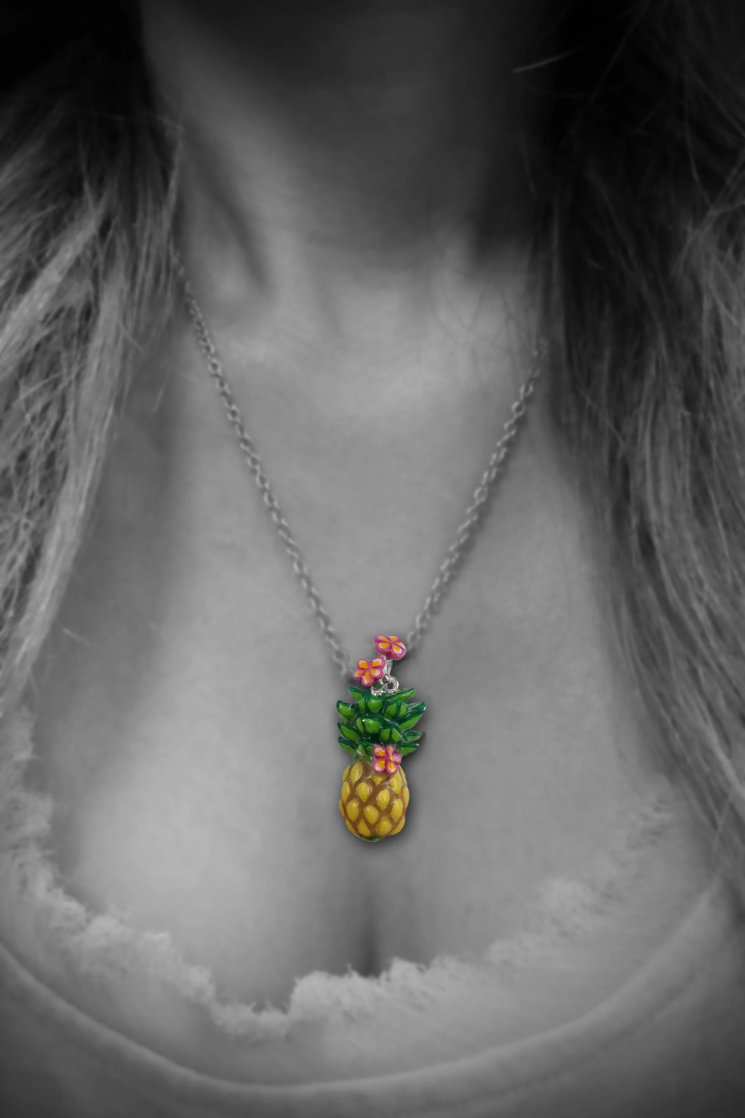 Silver Pineapple and Plumeria Necklace