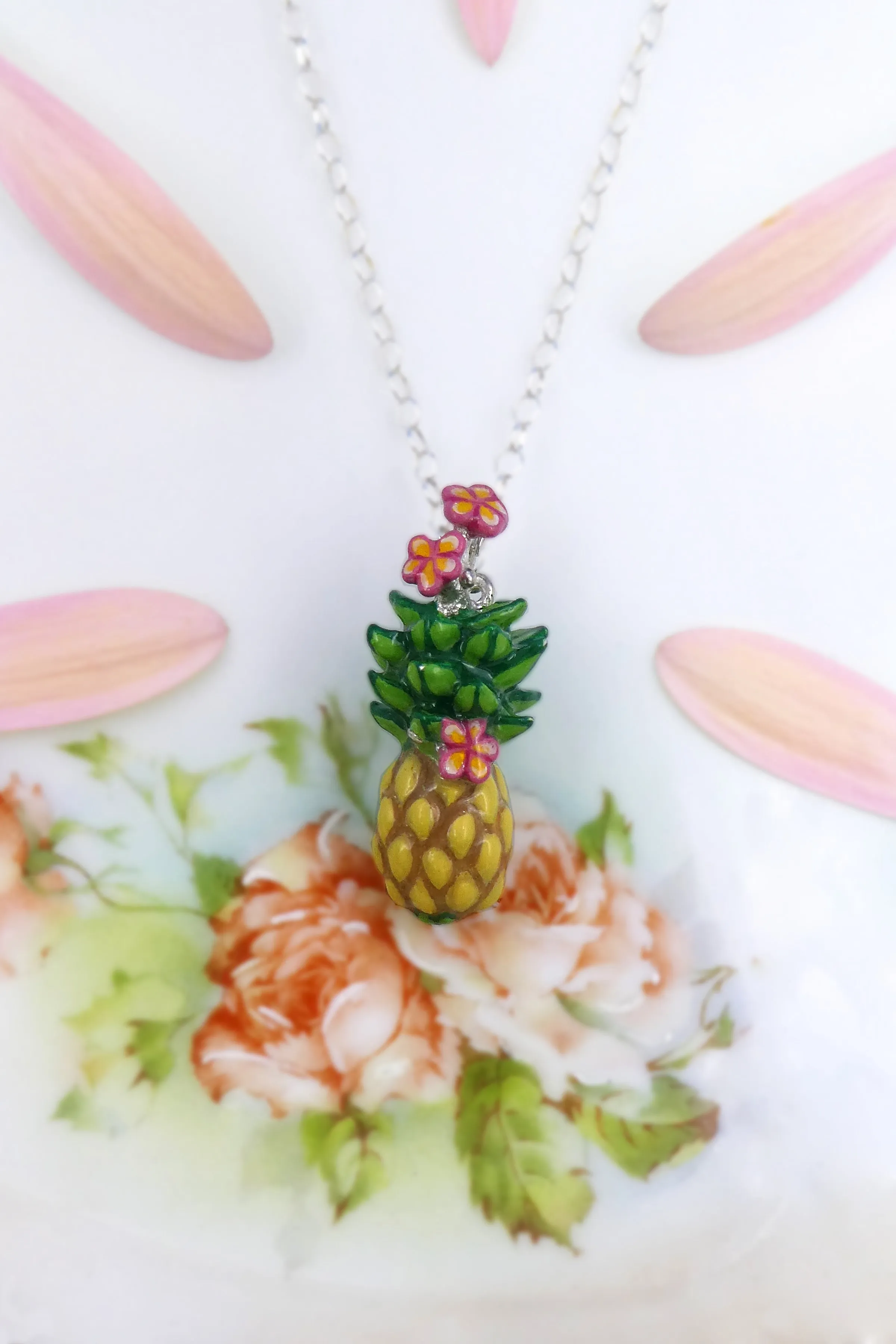 Silver Pineapple and Plumeria Necklace
