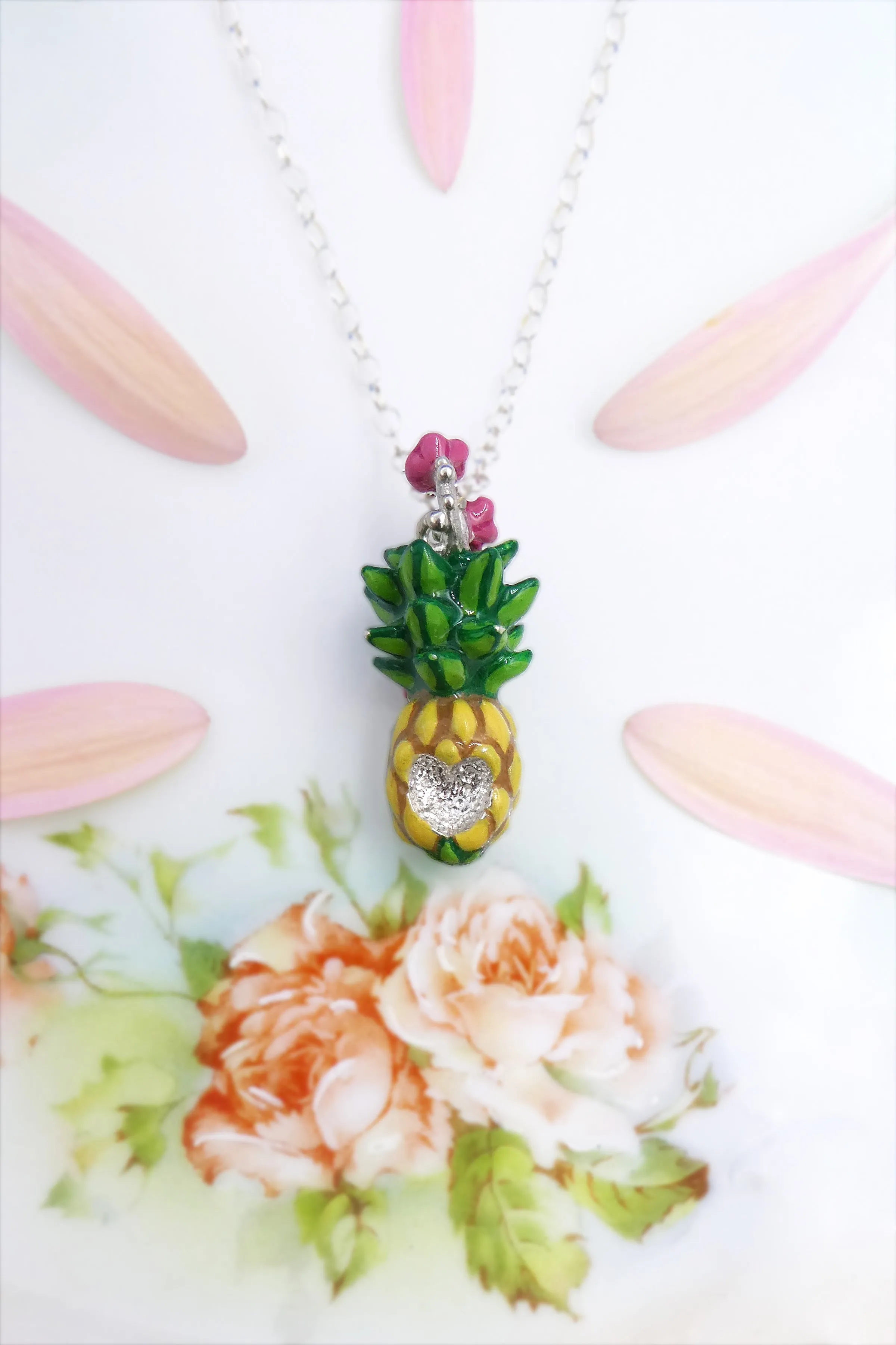 Silver Pineapple and Plumeria Necklace