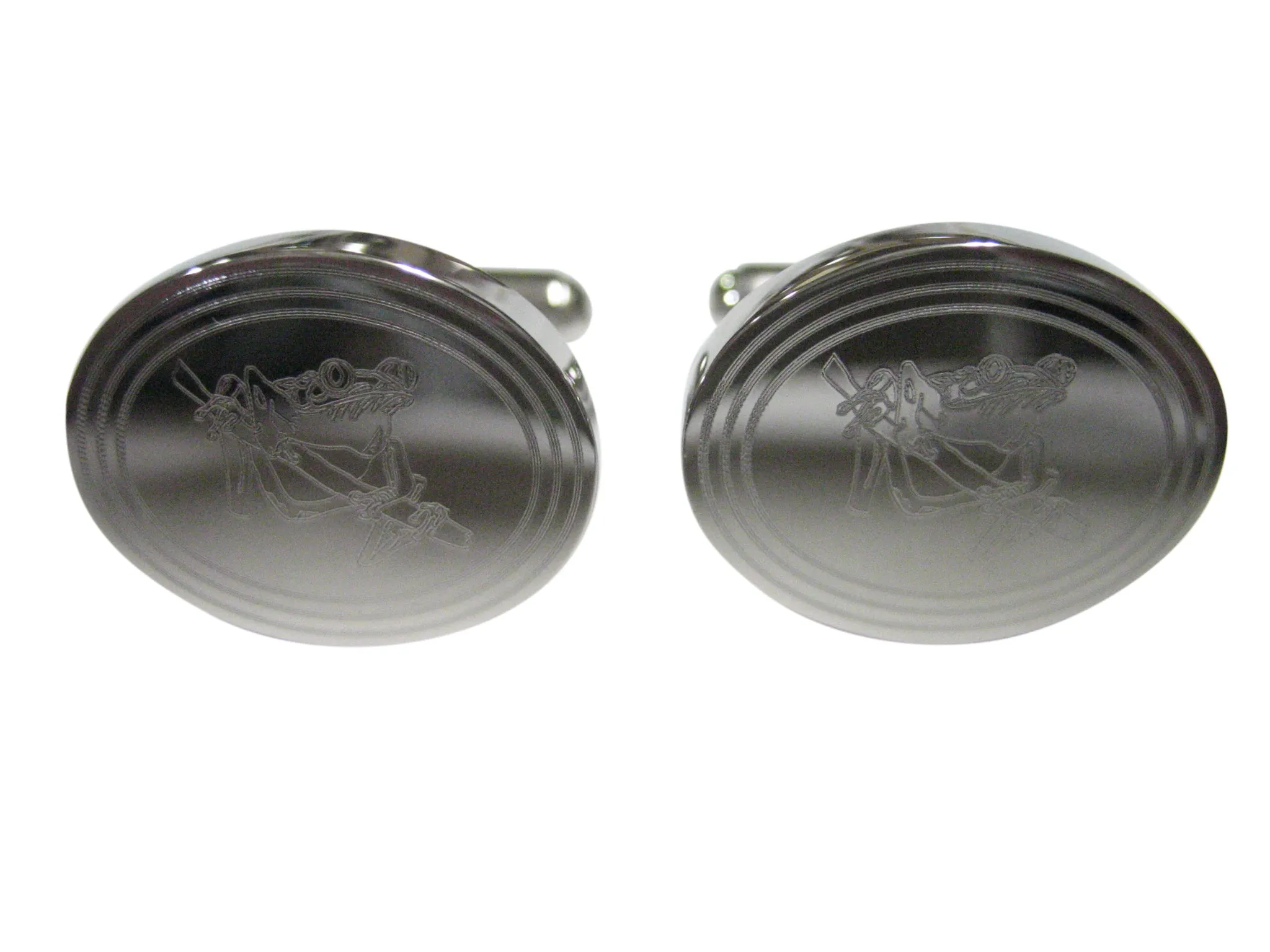 Silver Toned Etched Oval Tropical Frog On Tree Cufflinks