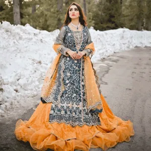 Simple Orange Lehenga with Green Kameez Dress #BS899