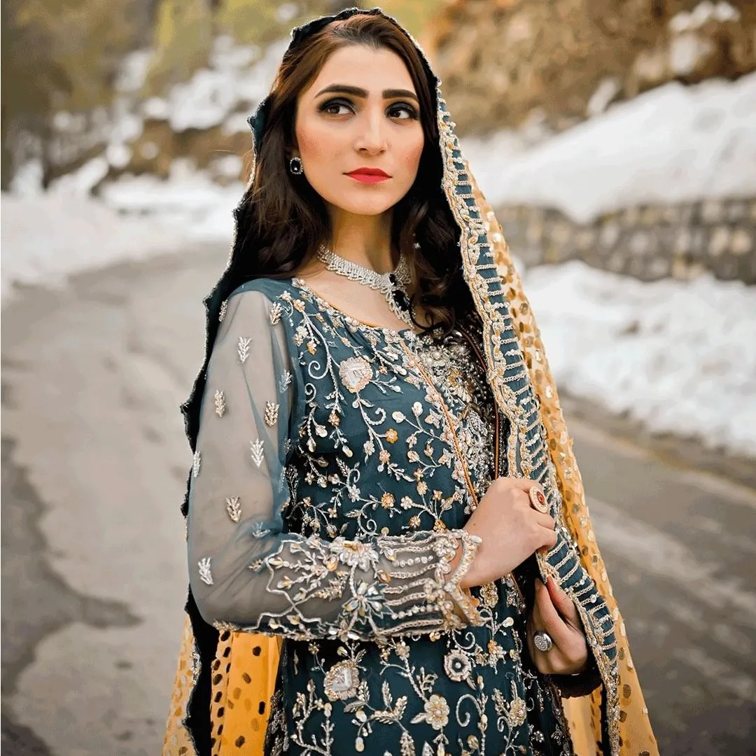 Simple Orange Lehenga with Green Kameez Dress #BS899