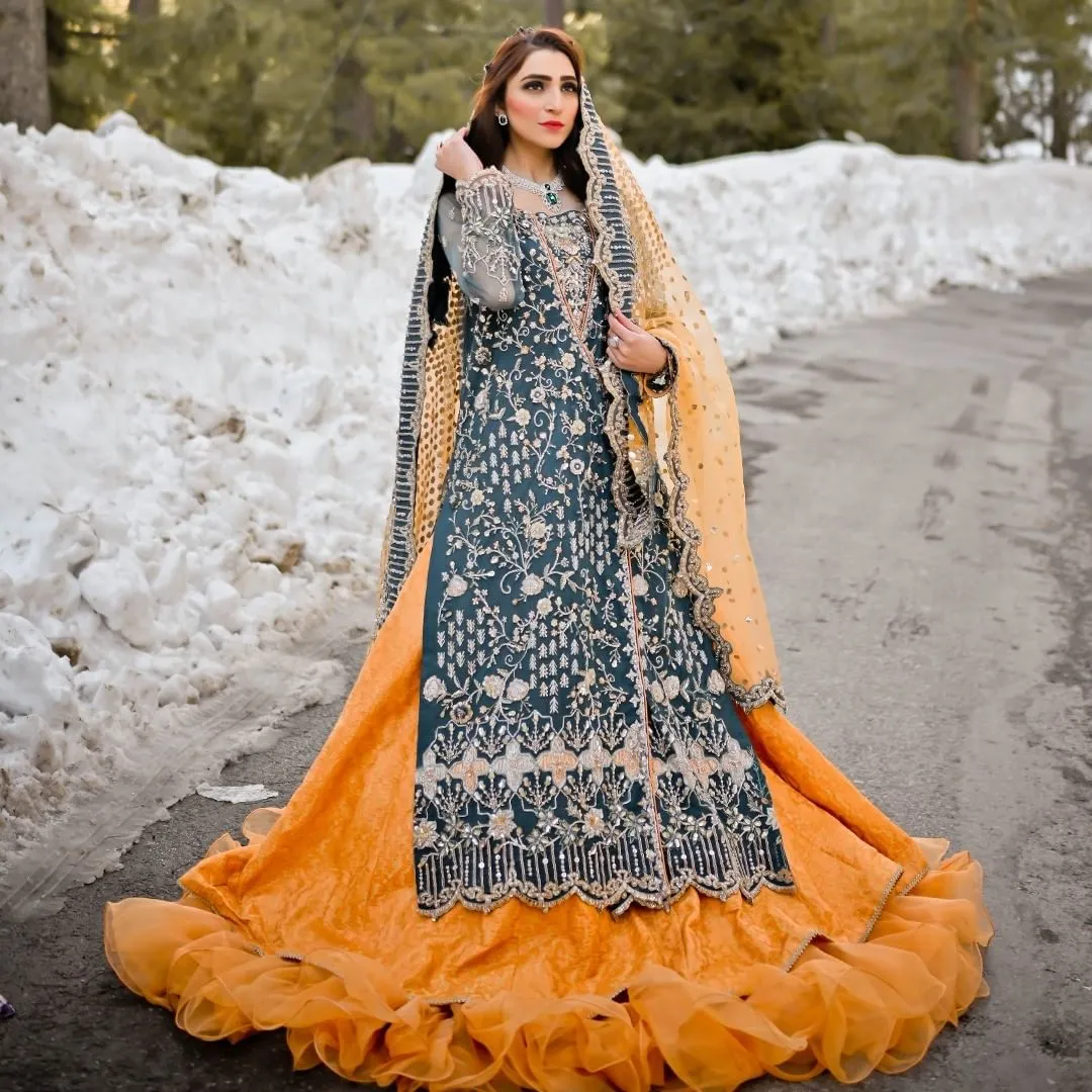 Simple Orange Lehenga with Green Kameez Dress #BS899