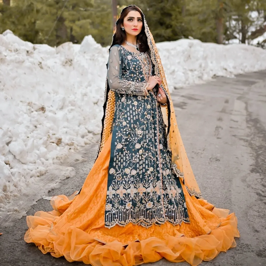 Simple Orange Lehenga with Green Kameez Dress #BS899