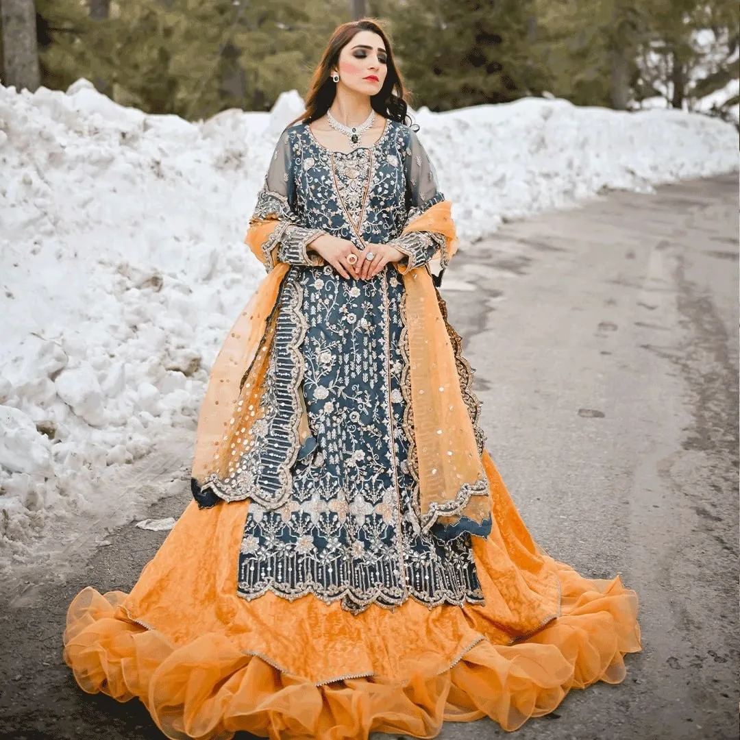 Simple Orange Lehenga with Green Kameez Dress #BS899