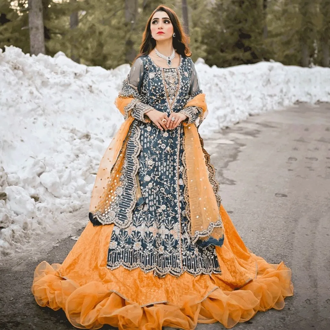 Simple Orange Lehenga with Green Kameez Dress #BS899