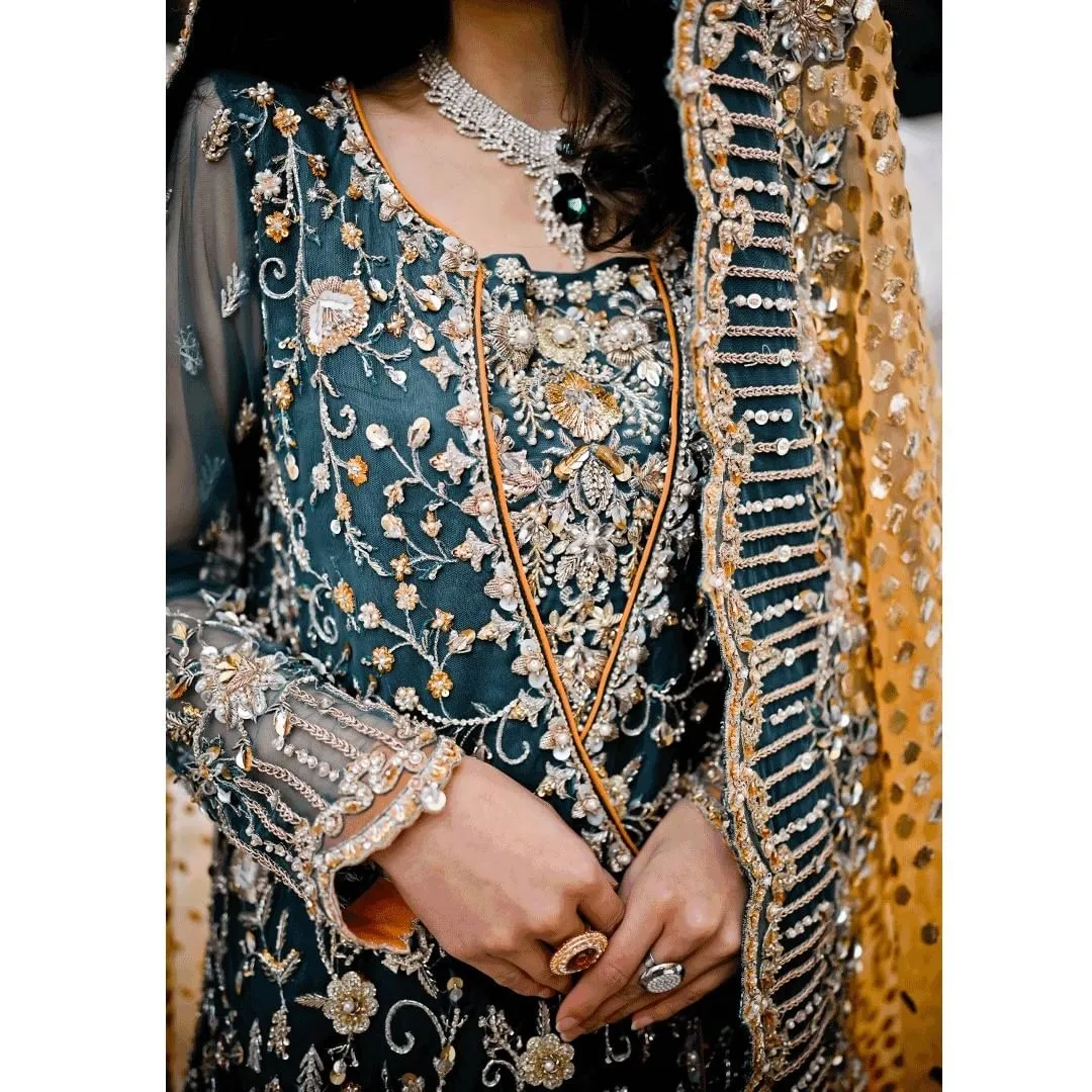 Simple Orange Lehenga with Green Kameez Dress #BS899
