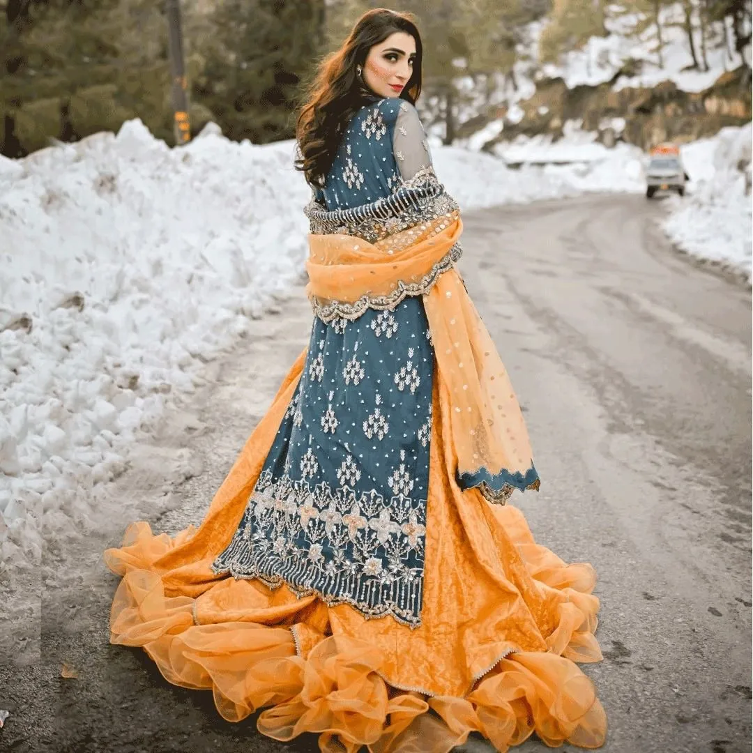 Simple Orange Lehenga with Green Kameez Dress #BS899