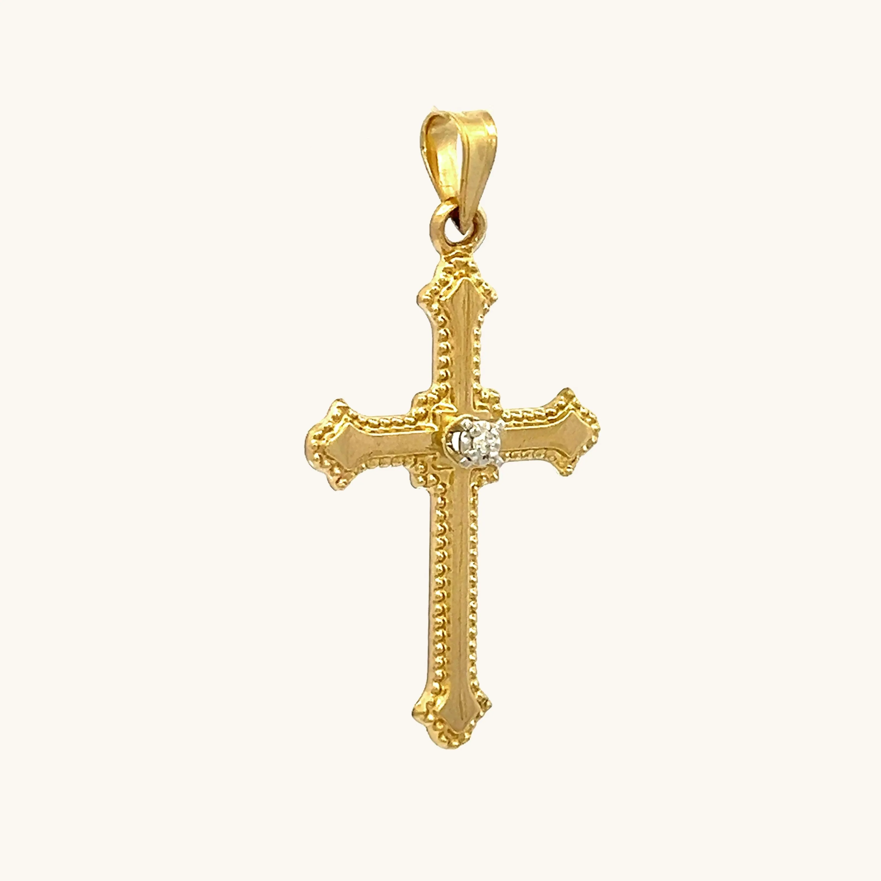 SOLID 14K GOLD BUDDED EDGE DIAMOND CROSS PENDANT