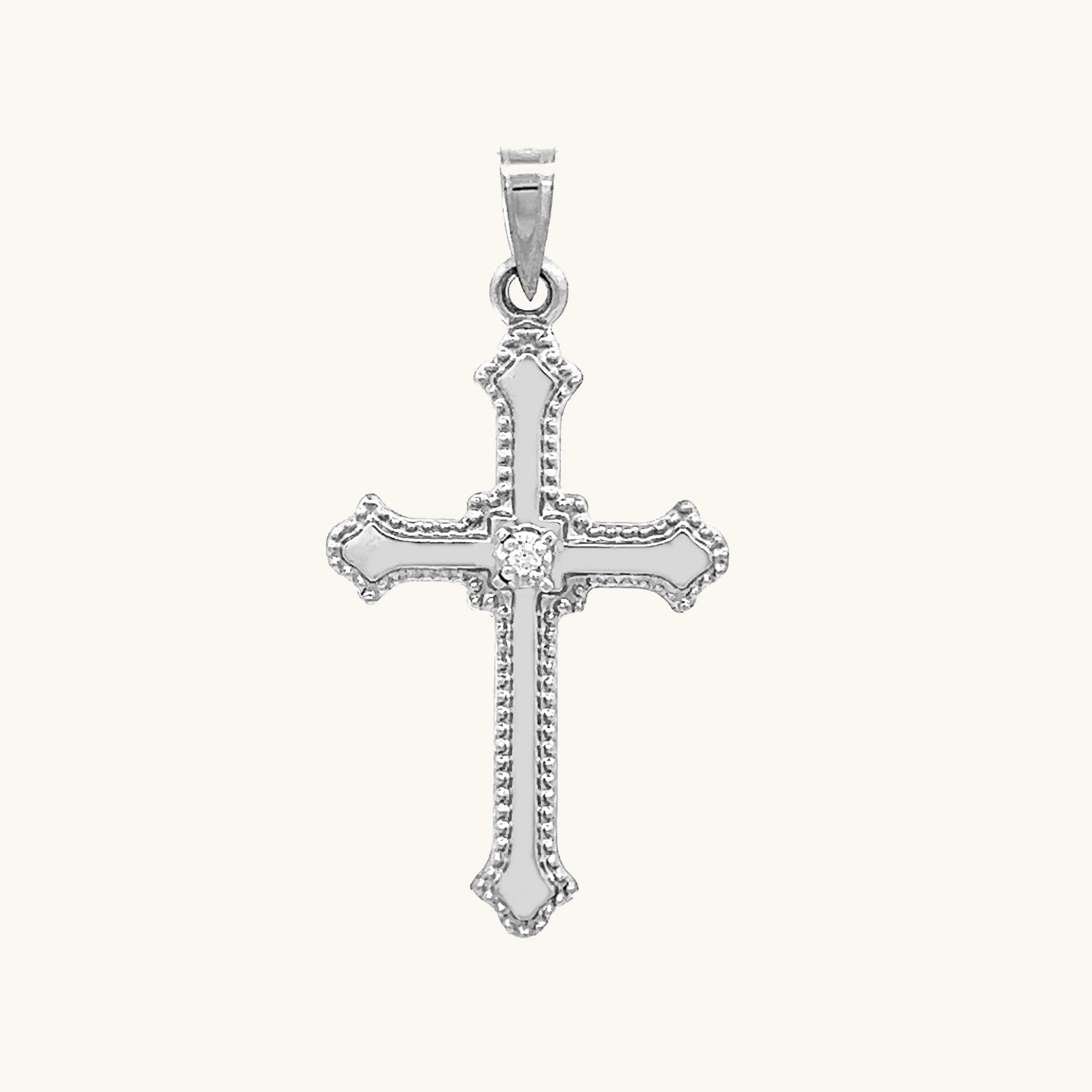 SOLID 14K GOLD BUDDED EDGE DIAMOND CROSS PENDANT