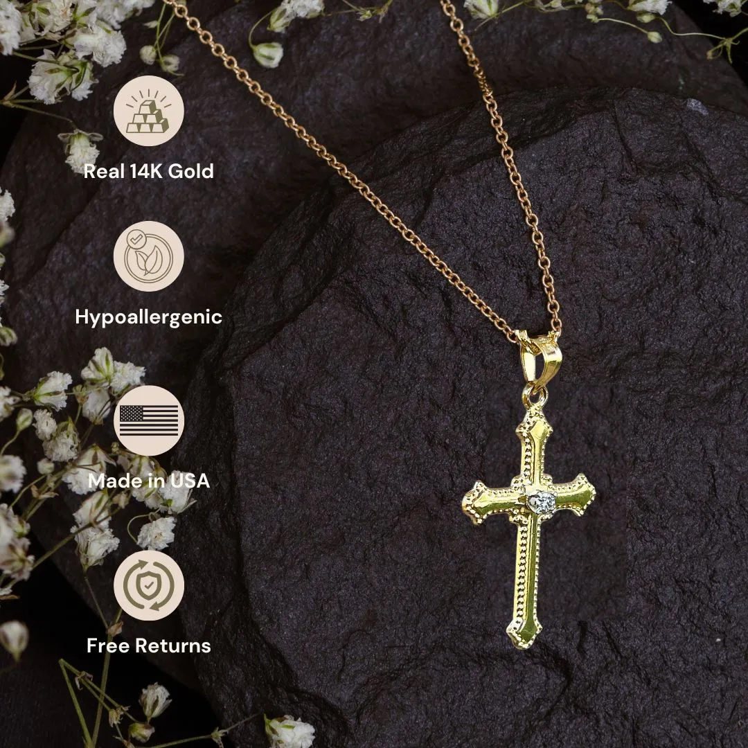 SOLID 14K GOLD BUDDED EDGE DIAMOND CROSS PENDANT