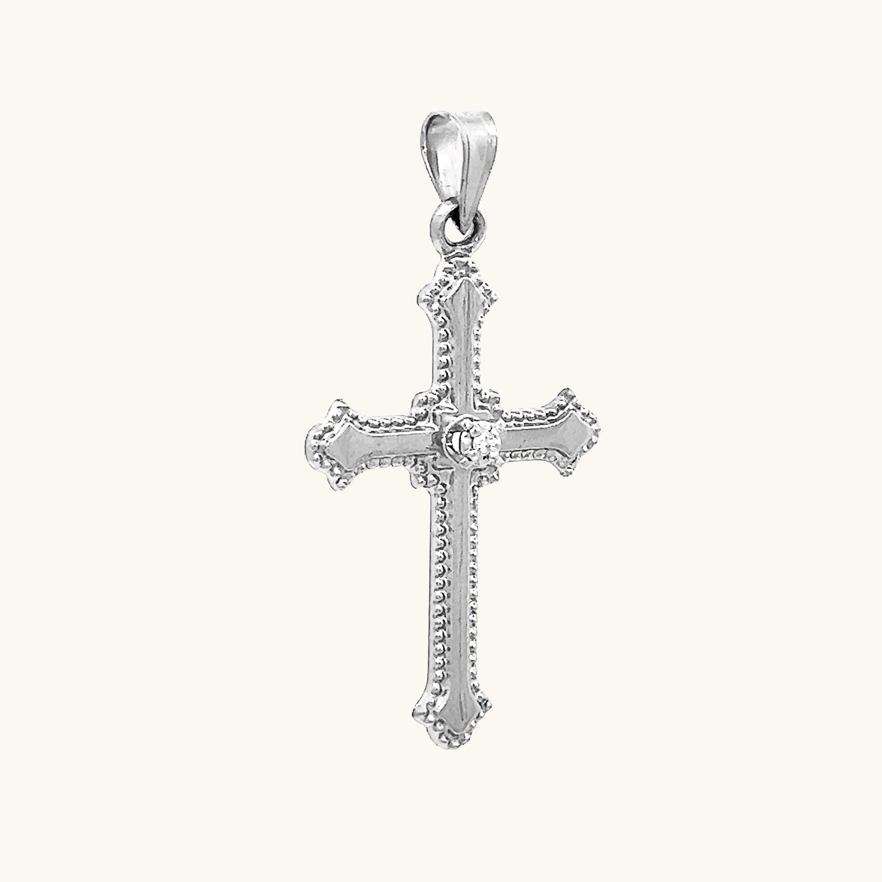 SOLID 14K GOLD BUDDED EDGE DIAMOND CROSS PENDANT