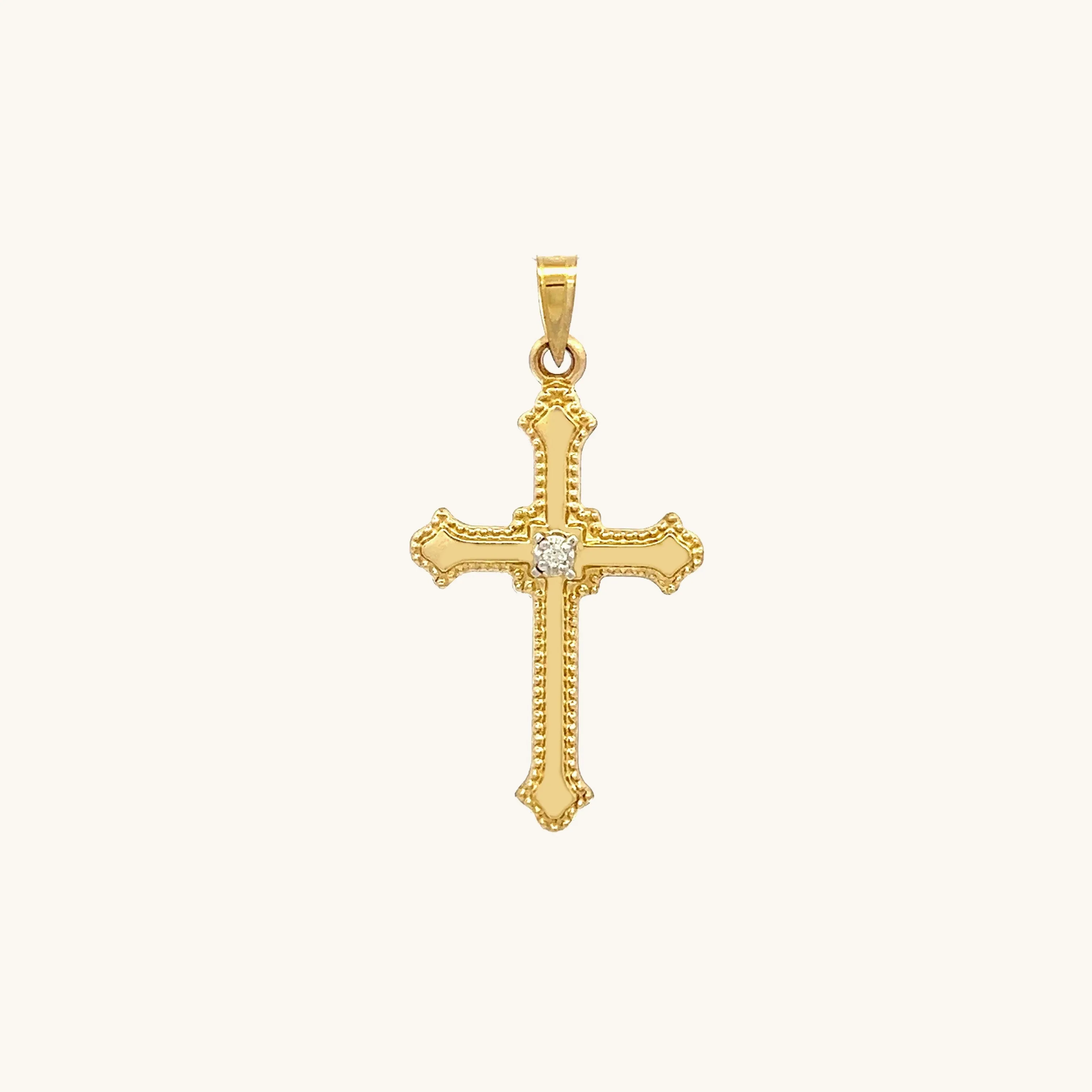 SOLID 14K GOLD BUDDED EDGE DIAMOND CROSS PENDANT